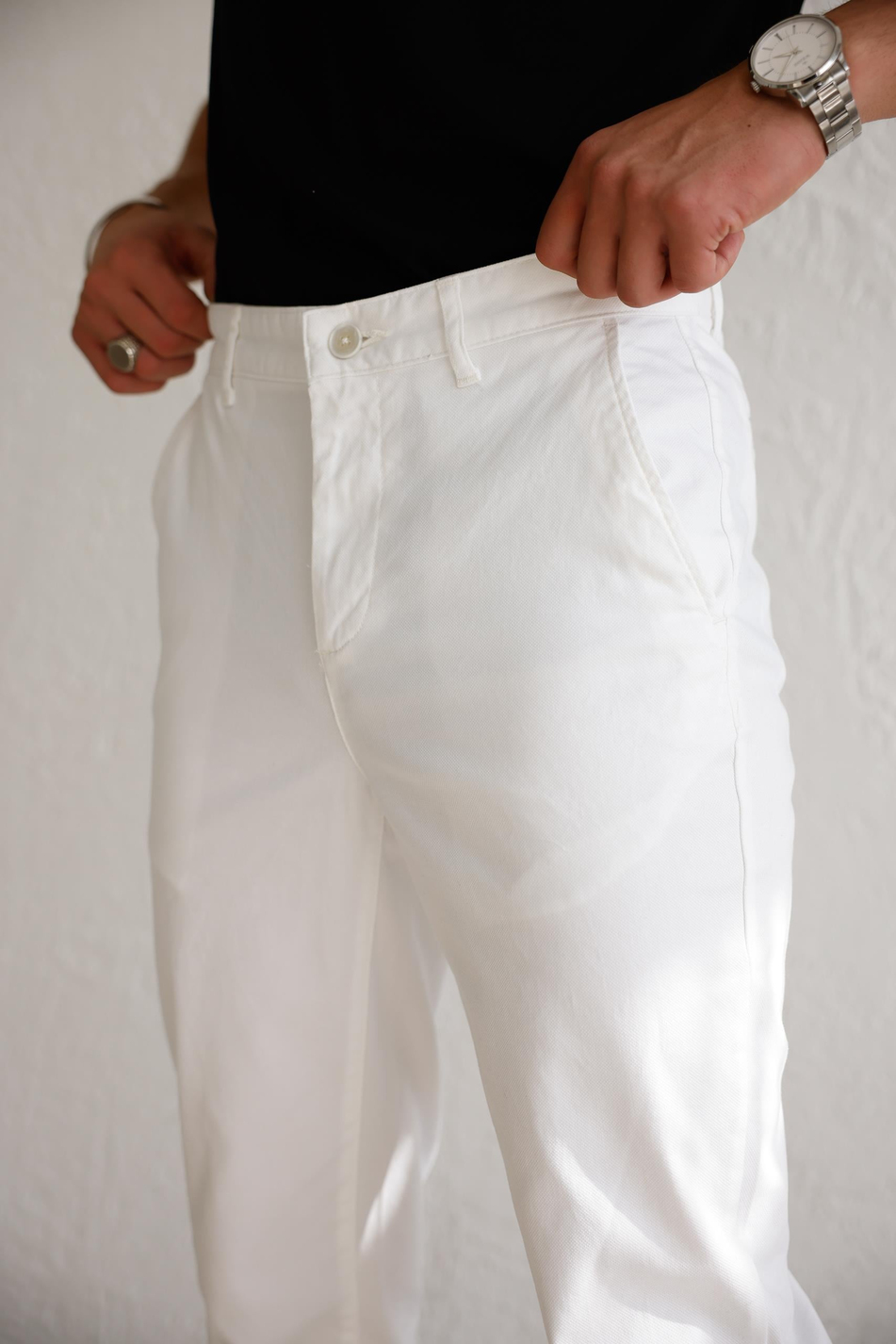 Erkek Armürlü Slim Fit Beyaz Pantolon
