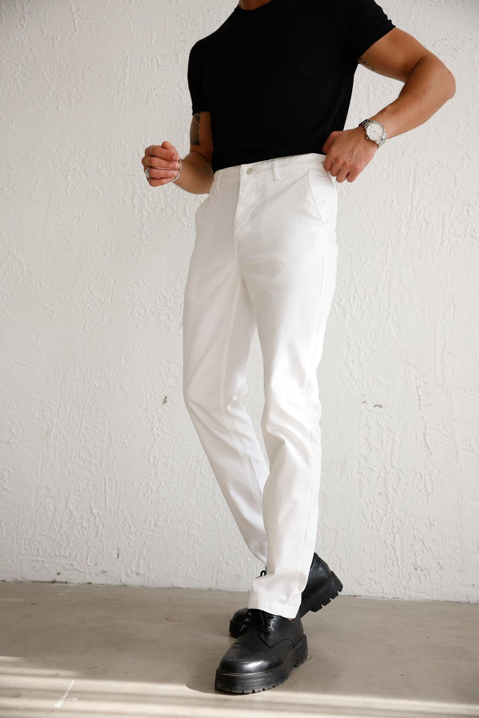 Erkek Armürlü Slim Fit Beyaz Pantolon