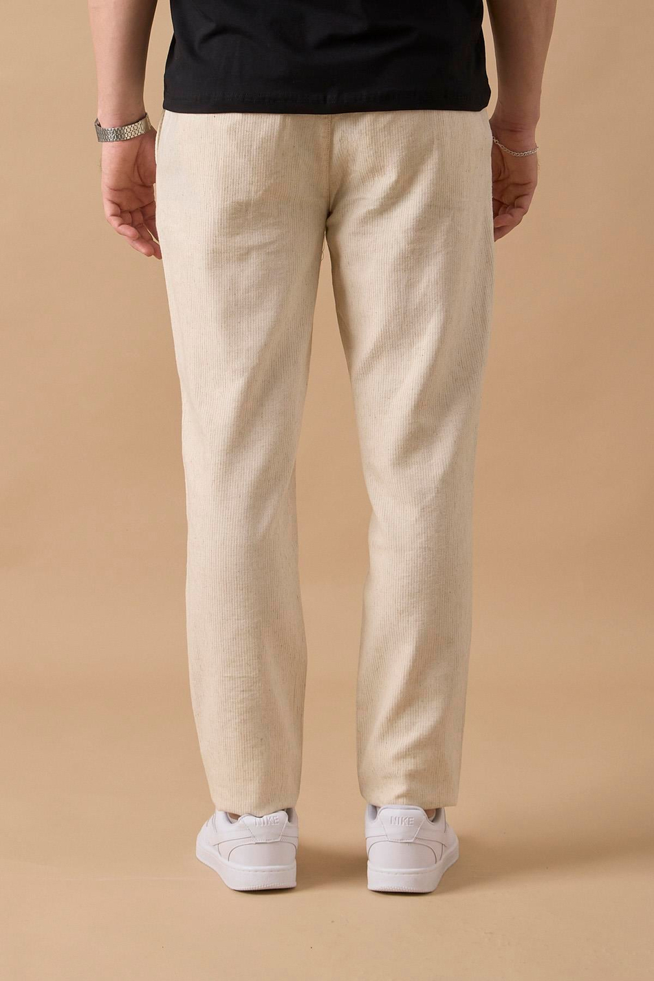 Erkek Bej Slim Fit Keten Karışımlı Çizgili Pantolon