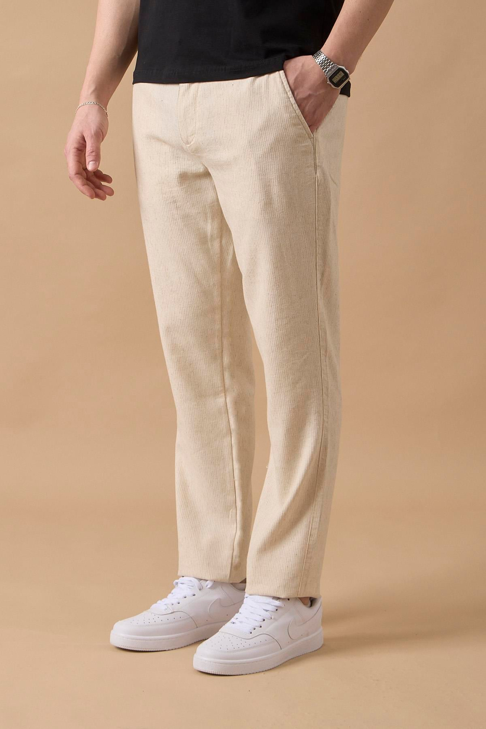Erkek Bej Slim Fit Keten Karışımlı Çizgili Pantolon