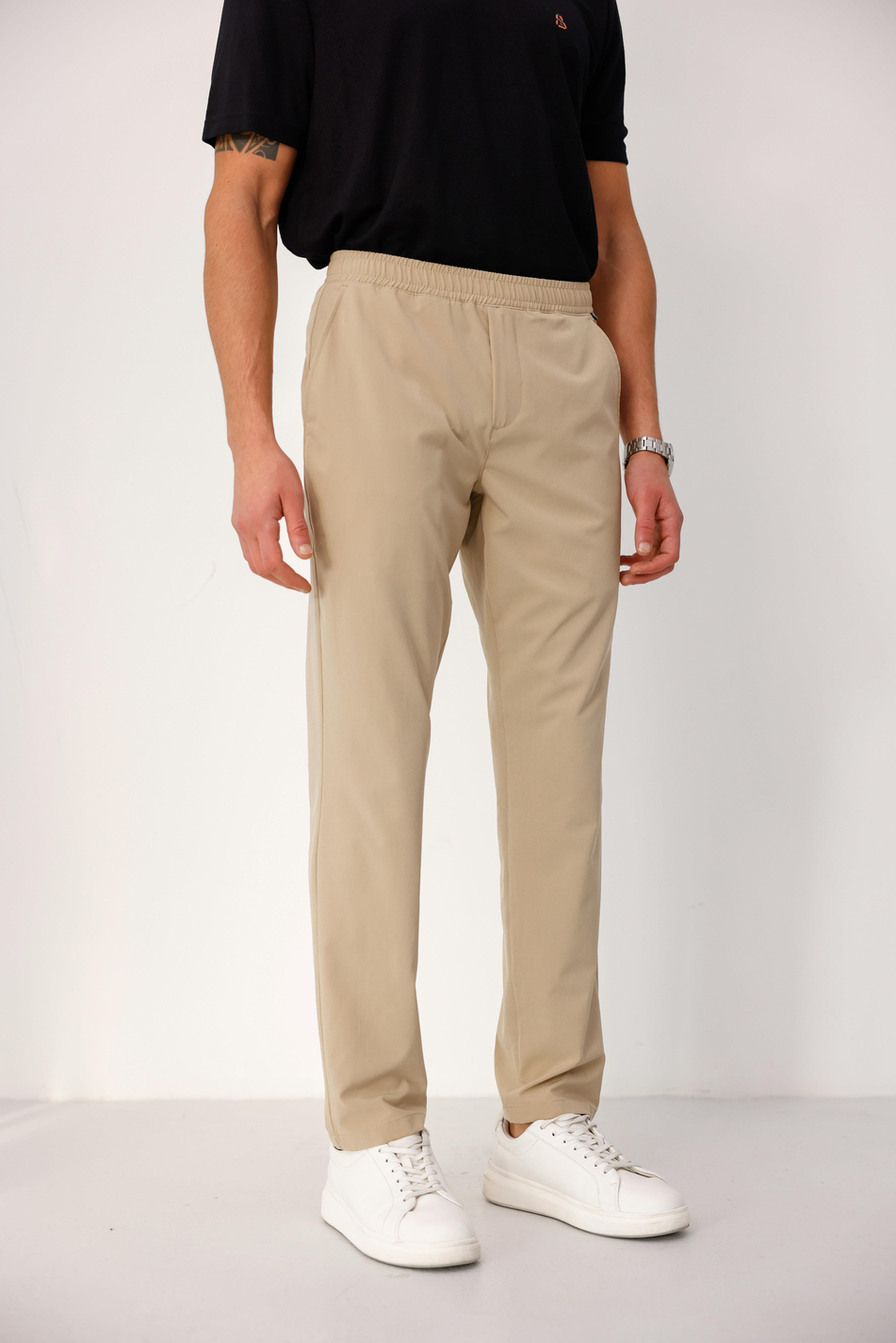 Erkek Bej Slim Fit Lastikli Bel Esnek Kumaş Dar Kesim Pantolon