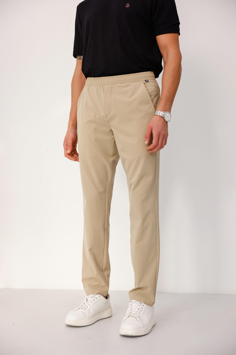Erkek Bej Slim Fit Lastikli Bel Esnek Kumaş Dar Kesim Pantolon