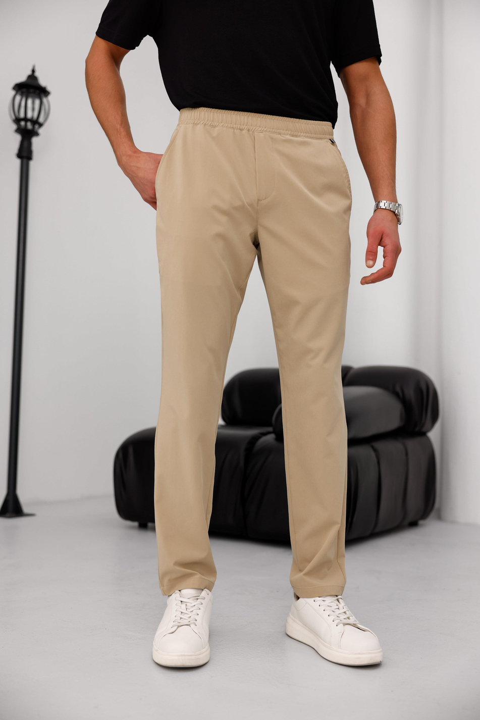 Erkek Bej Slim Fit Lastikli Bel Esnek Kumaş Dar Kesim Pantolon