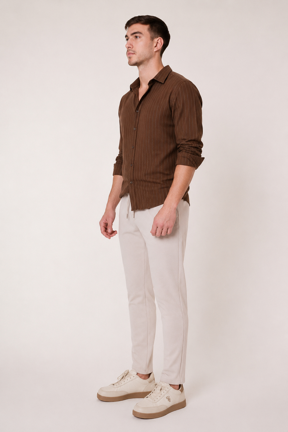  Men Drawstring Waist Side Pocket Slim Fit Jogger Pants  Beige