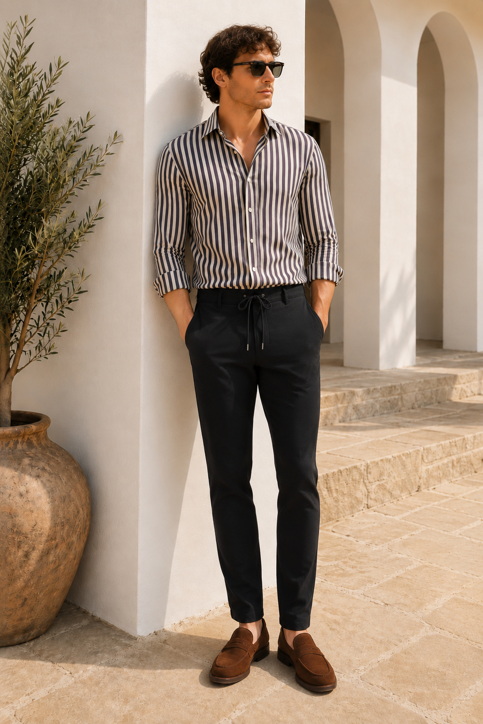 Erkek Beli Bağcıklı Yandan Cepli Slim Fit Jogger Siyah Pantolon