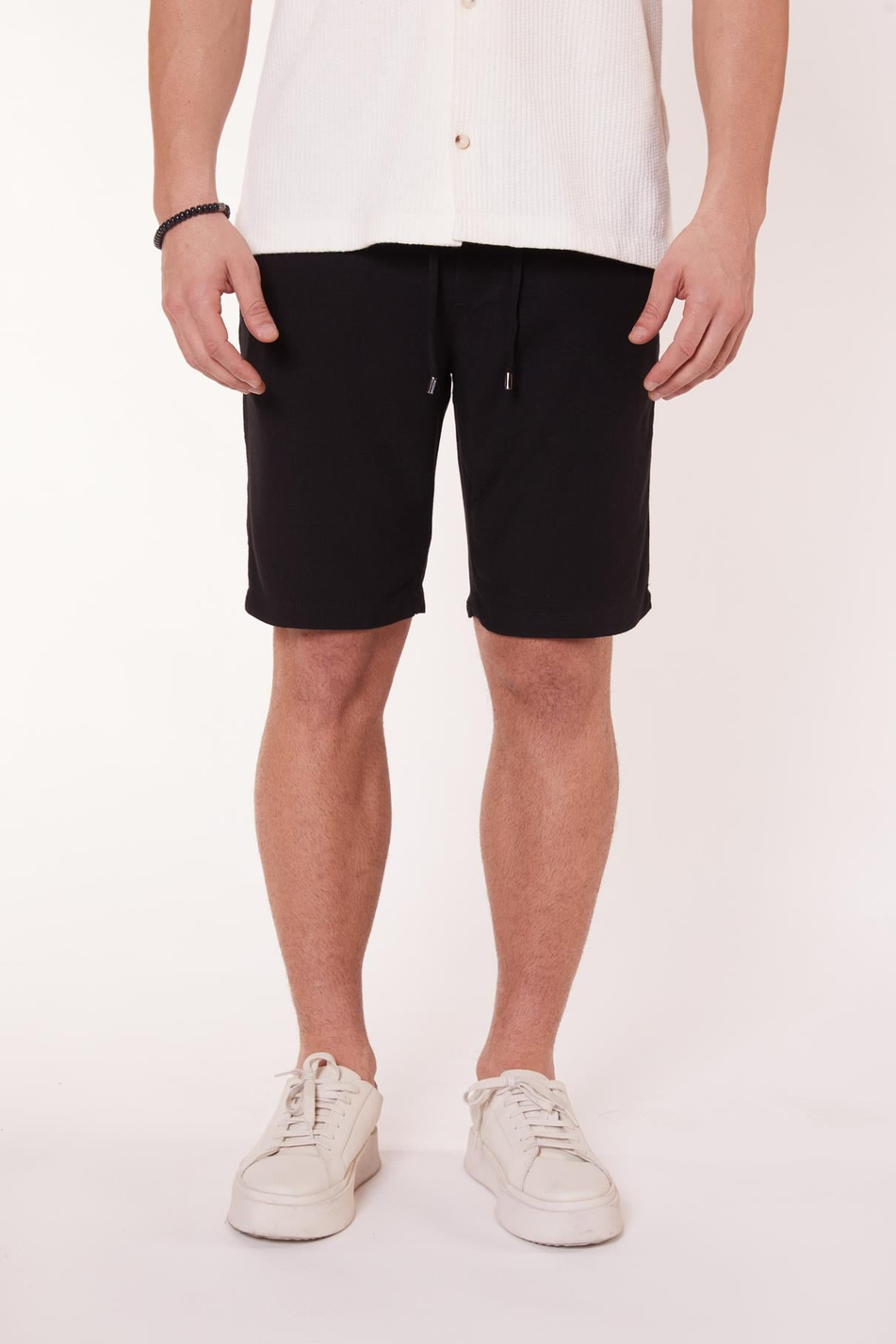 Erkek Beli Lastikli Bağcıklı Keten Karışımlı Slim Fit Jogger Şort Siyah