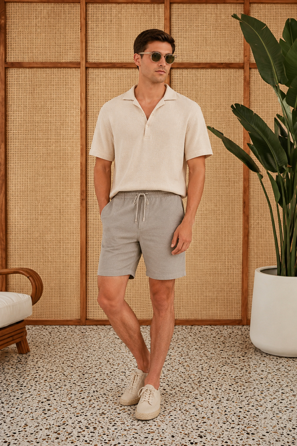 Erkek Beli Lastikli Bağcıklı Keten Karışımlı Slim Fit Jogger Şort Yeşil