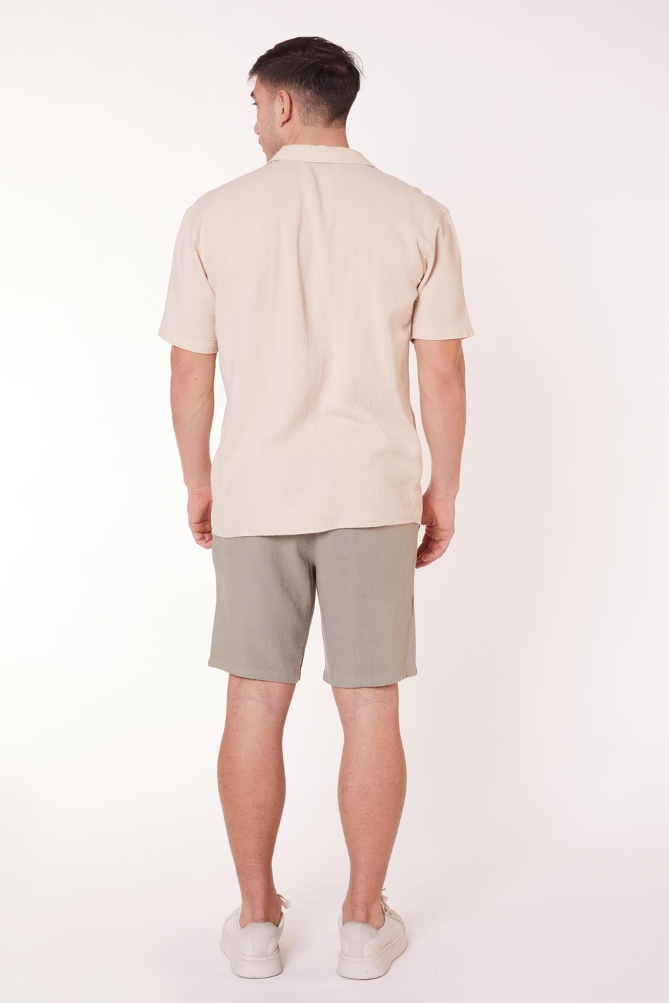 Erkek Beli Lastikli Bağcıklı Keten Karışımlı Slim Fit Jogger Şort Yeşil