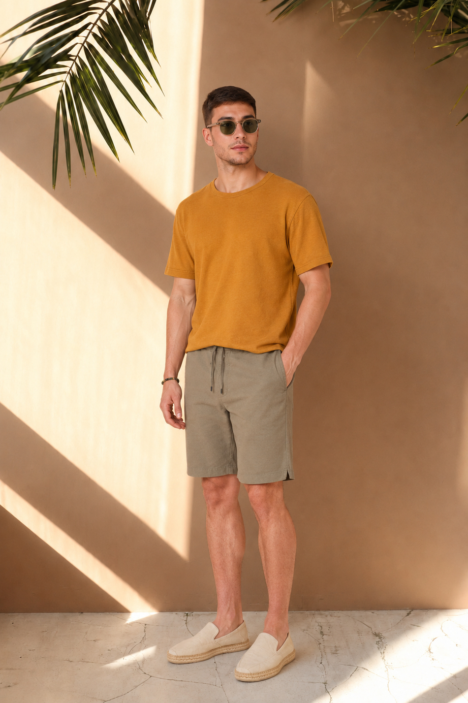 Erkek Beli Lastikli Bağcıklı Pamuk Keten Karışımlı Slim Fit Jogger Şort Haki