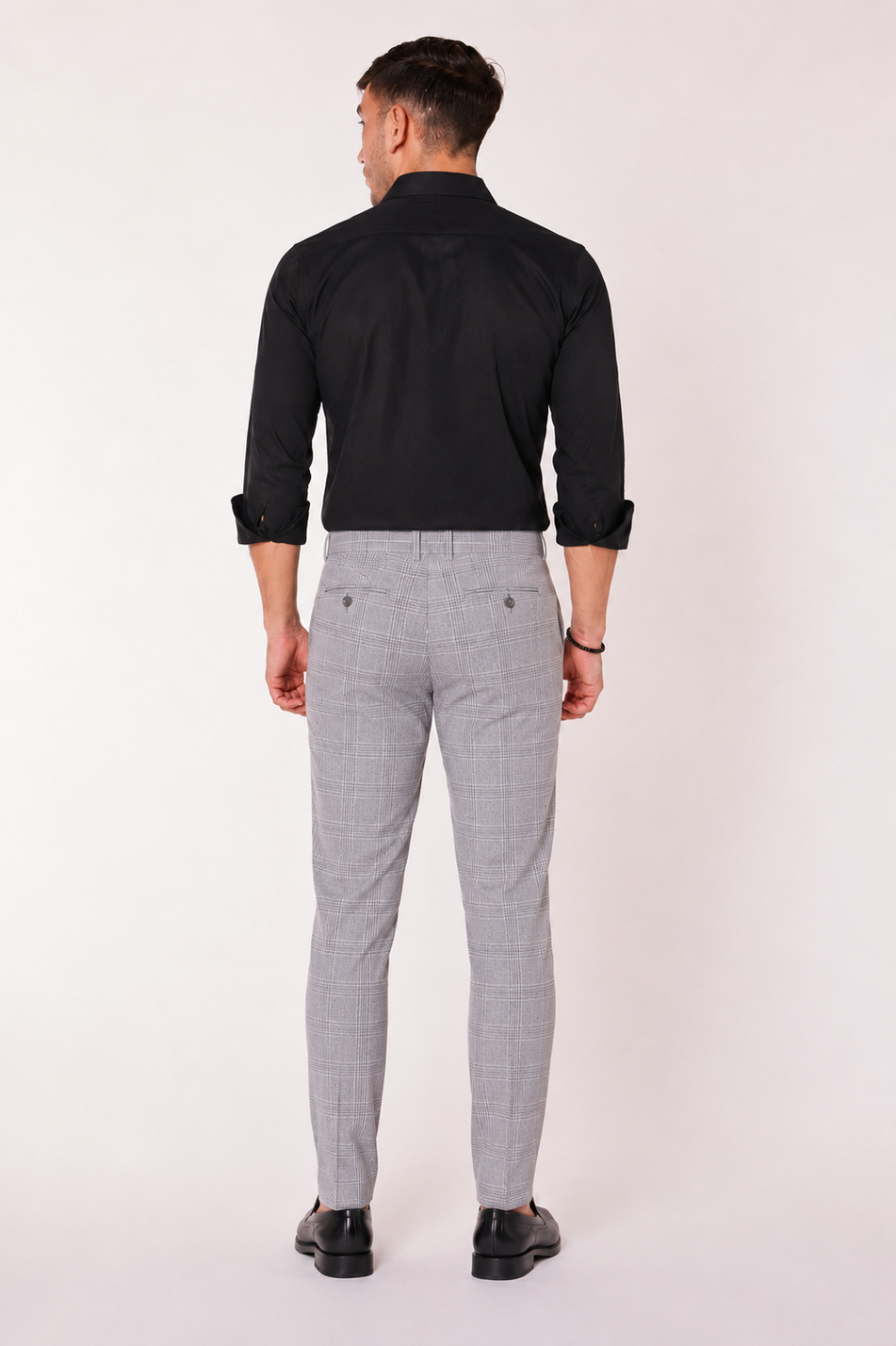 Erkek Beli Lastikli Slim Fit Ekoseli Gri Pantolon