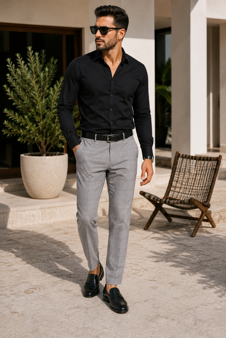 Erkek Beli Lastikli Slim Fit Ekoseli Gri Pantolon