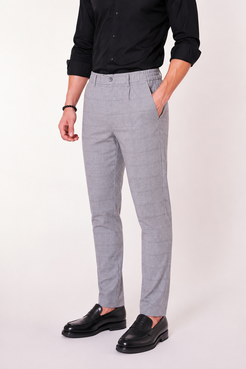 Erkek Beli Lastikli Slim Fit Ekoseli Gri Pantolon