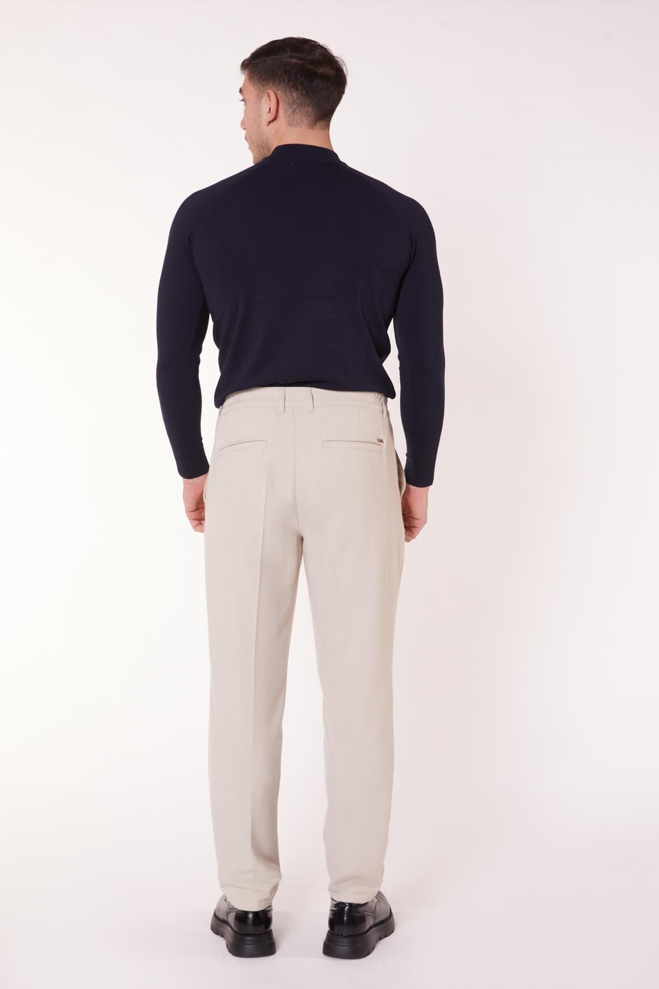 Erkek Beli Yarım Lastikli Fermuarlı Bej Chino Pantolon