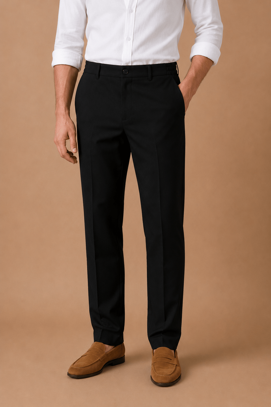 Erkek Beli Yarım Lastikli Fermuarlı Siyah Chino Pantolon