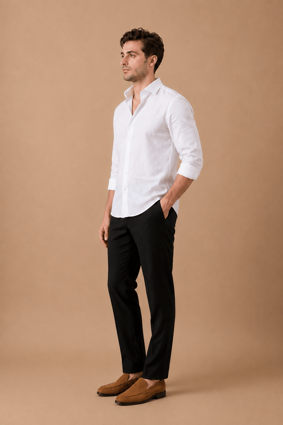 Erkek Beli Yarım Lastikli Fermuarlı Siyah Chino Pantolon