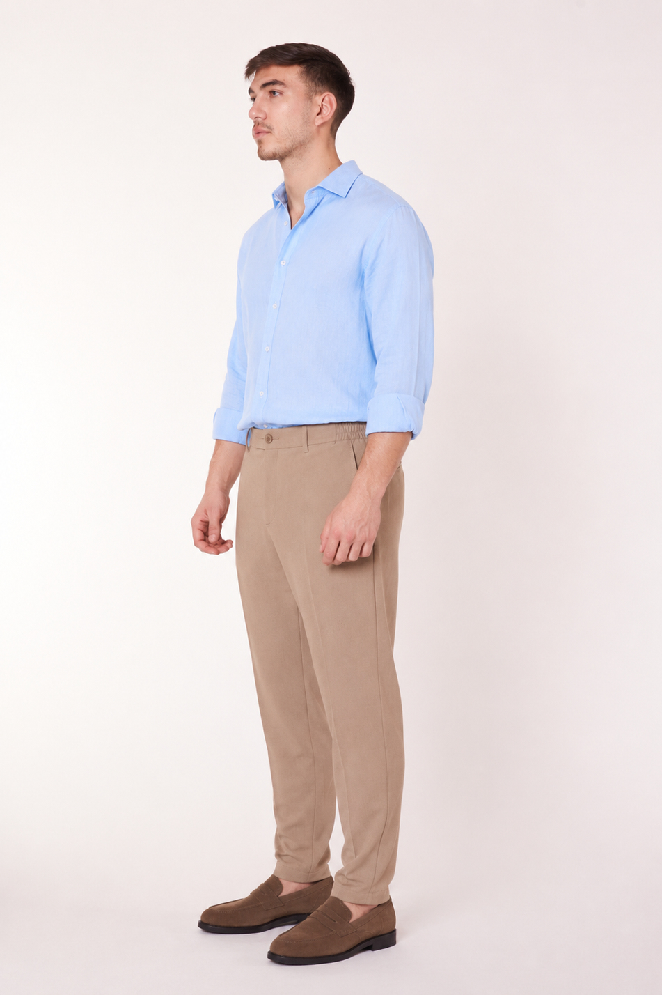  Men Half Elastic Waist Zippered Chino Pants  Fawn