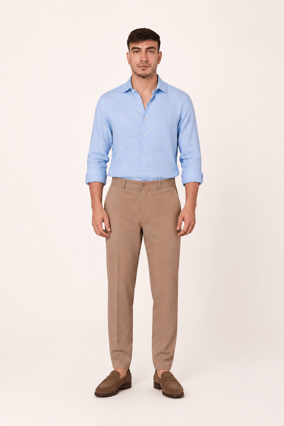  Men Half Elastic Waist Zippered Chino Pants  Fawn