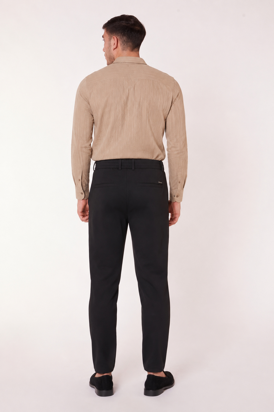 Erkek Beli Yarım Lastikli Pilili Gofre Slim Fit Pantolon Siyah