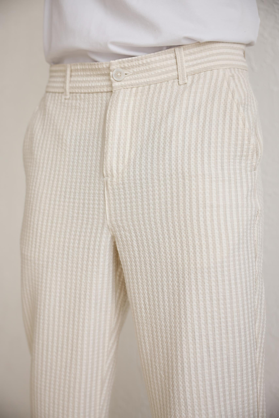 Erkek Esnek Dokulu Slim Fit Bej Pantolon