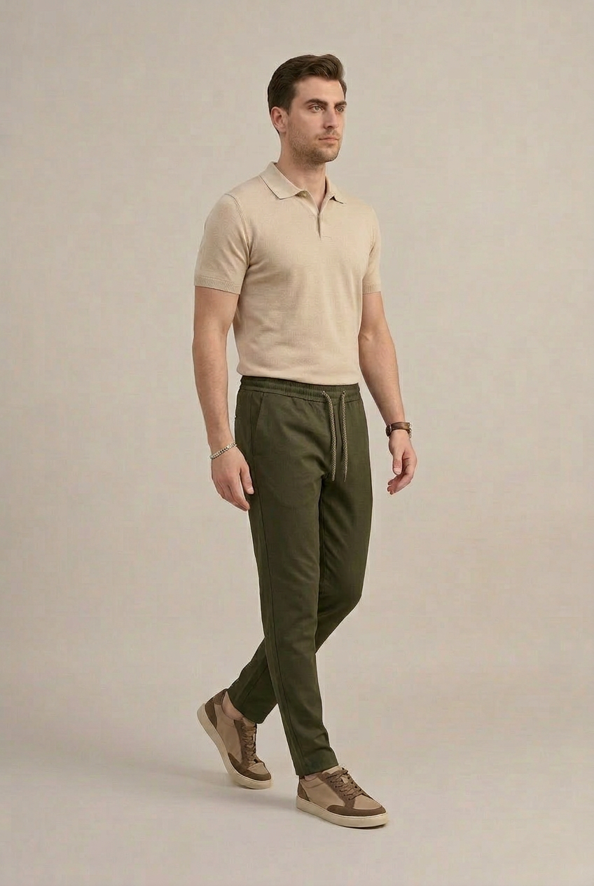 Erkek Haki Slim Fit Lastikli Bel Bağcıklı  Jogger Pantolon