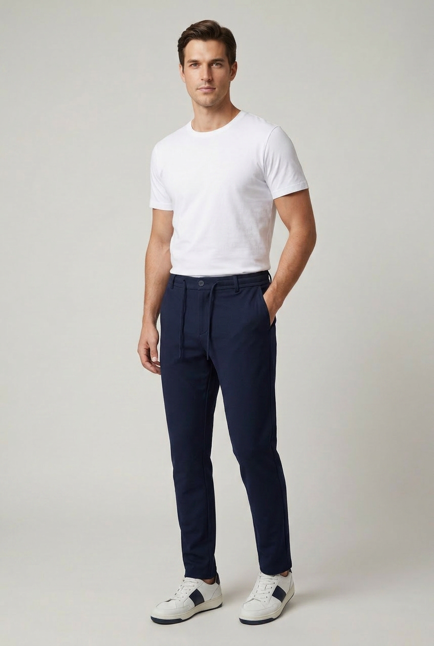 Erkek Lacivert Slim Fit Beli Yarım Lastikli Bağcıklı Yumuşak Tuşeli Jogger Pantolon
