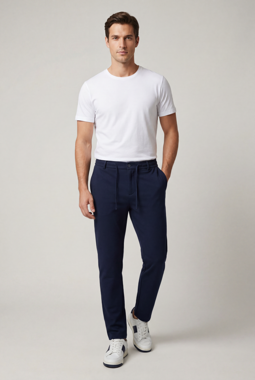 Erkek Lacivert Slim Fit Beli Yarım Lastikli Bağcıklı Yumuşak Tuşeli Jogger Pantolon