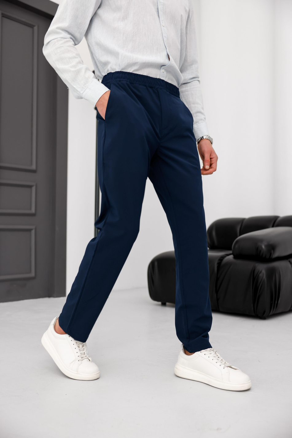 Erkek Lacivert Slim Fit Lastikli Bel Esnek Kumaş Dar Kesim Pantolon