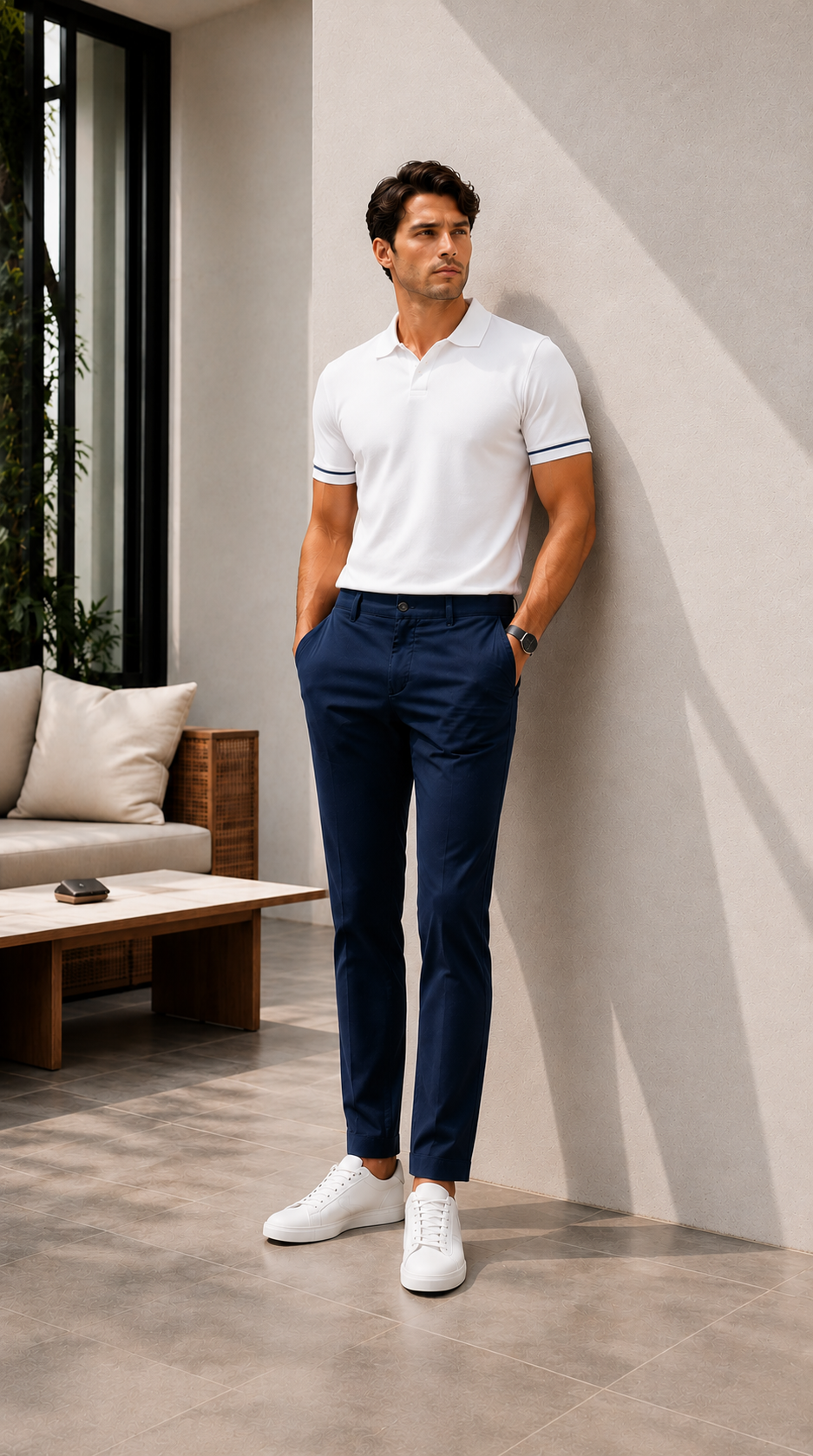 Erkek Lacivert Slim Fit Pamuklu Chino Pantolon