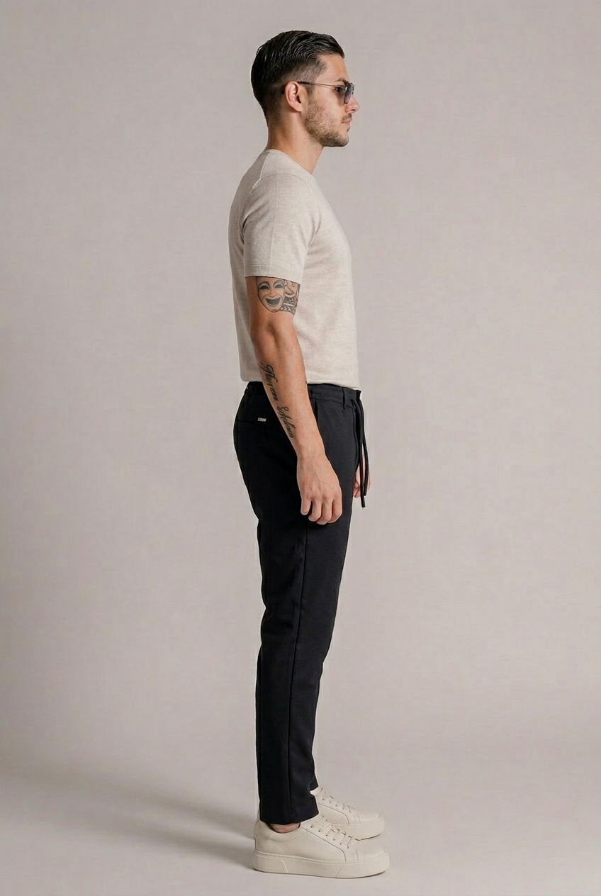 Erkek Siyah Slim Fit Bağcıklı Beli Yarım Lastikli Pamuklu Pantolon