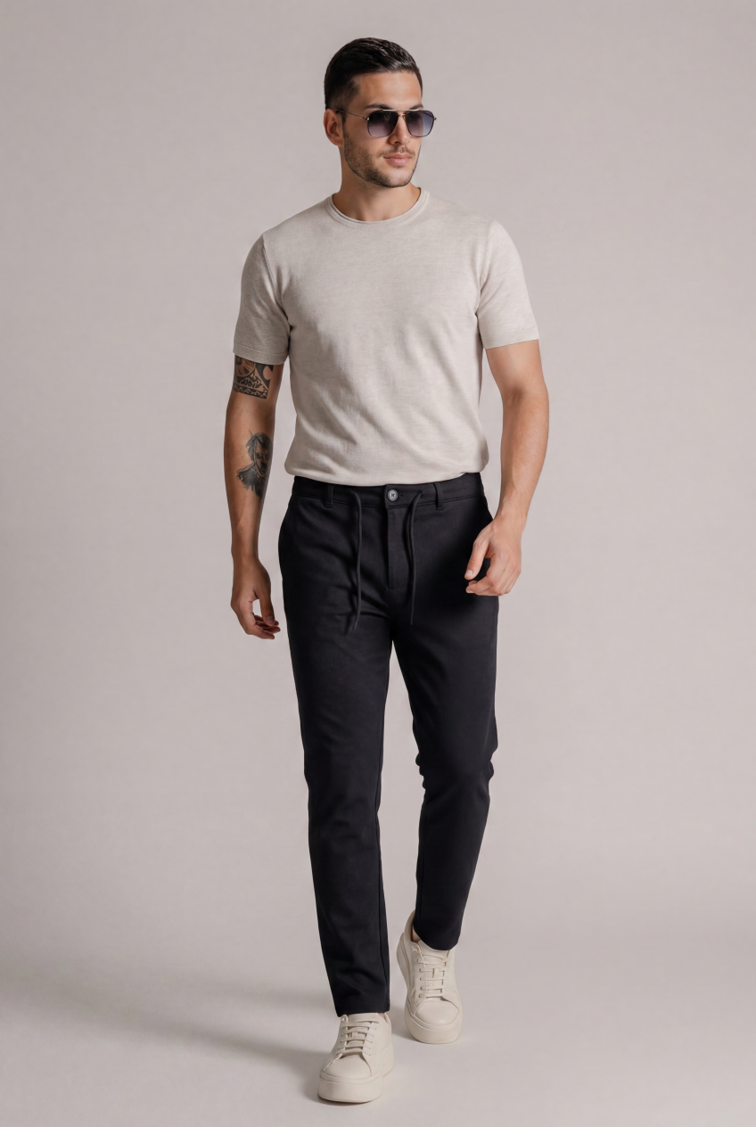 Erkek Siyah Slim Fit Bağcıklı Beli Yarım Lastikli Pamuklu Pantolon