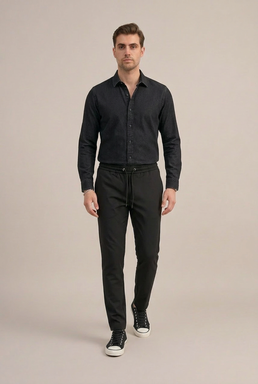 Erkek Siyah Slim Fit Lastikli Bel Bağcıklı Jogger Pantolon