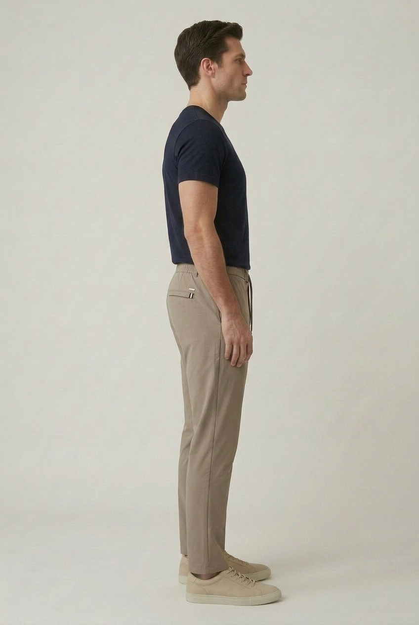 Erkek Vizon Slim Fit Beli Yarım Lastikli Bağcıklı Kırışmaz Kumaş Jogger Pantolon