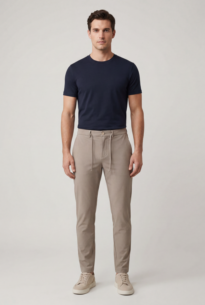 Erkek Vizon Slim Fit Beli Yarım Lastikli Bağcıklı Kırışmaz Kumaş Jogger Pantolon
