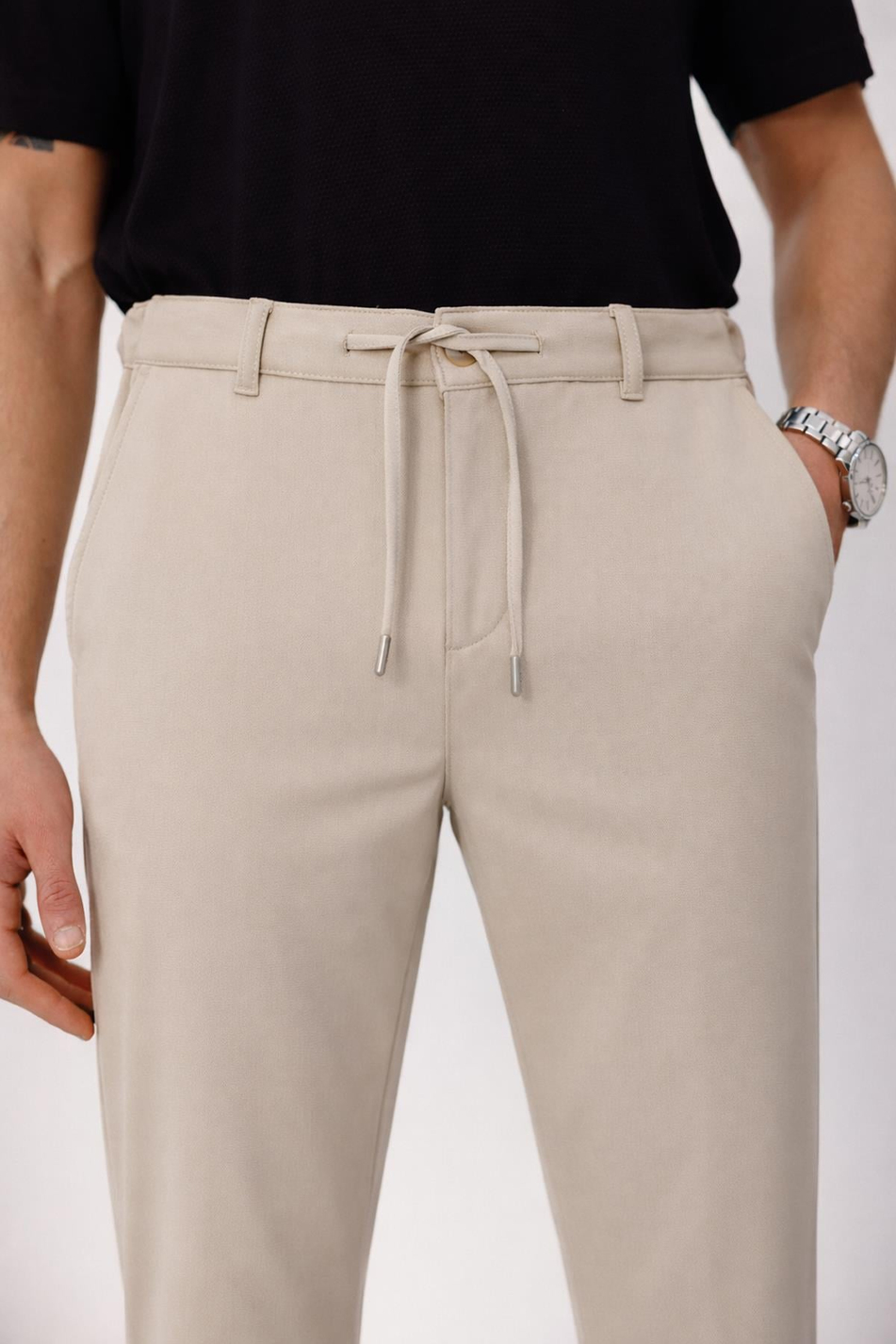 Erkek Yandan Cepli Bel Bağcıklı Fermuarlı Slim Fit Chino Bej Pantolon