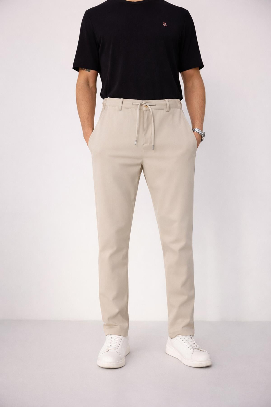 Erkek Yandan Cepli Bel Bağcıklı Fermuarlı Slim Fit Chino Bej Pantolon