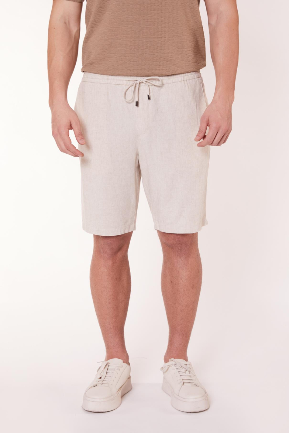  Men Side Pocket Drawstring Waist Jogger Linen Shorts  Beige