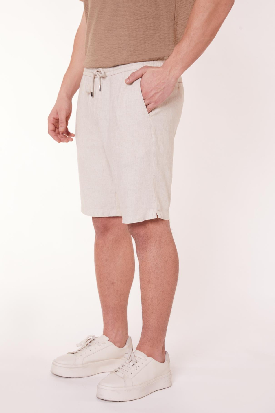  Men Side Pocket Drawstring Waist Jogger Linen Shorts  Beige