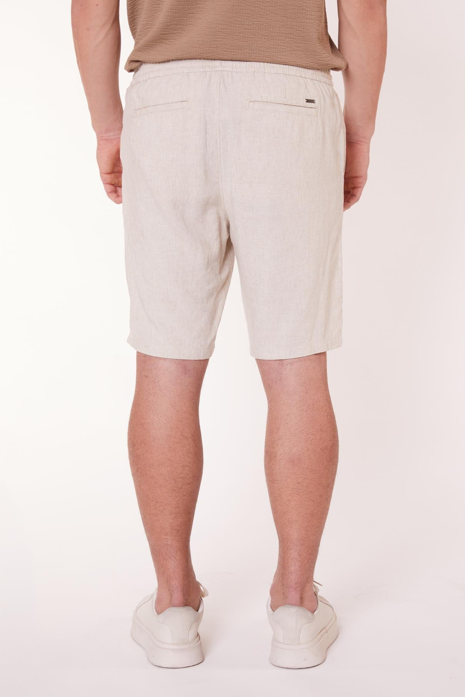  Men Side Pocket Drawstring Waist Jogger Linen Shorts  Beige