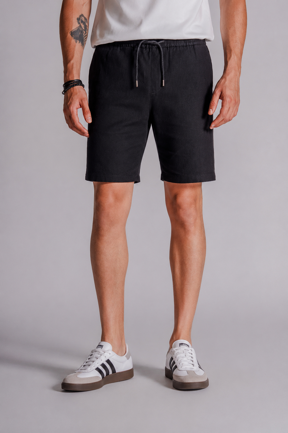 Erkek Yandan Cepli Beli Lastikli Keten Dokulu Relaxed Fit Jogger Şort Siyah
