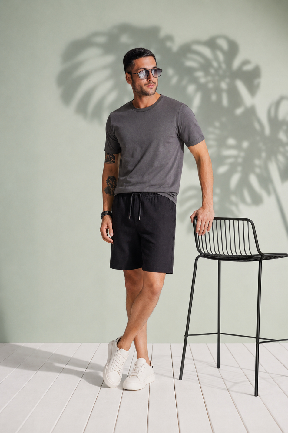 Erkek Yandan Cepli Beli Lastikli Keten Dokulu Relaxed Fit Jogger Şort Siyah