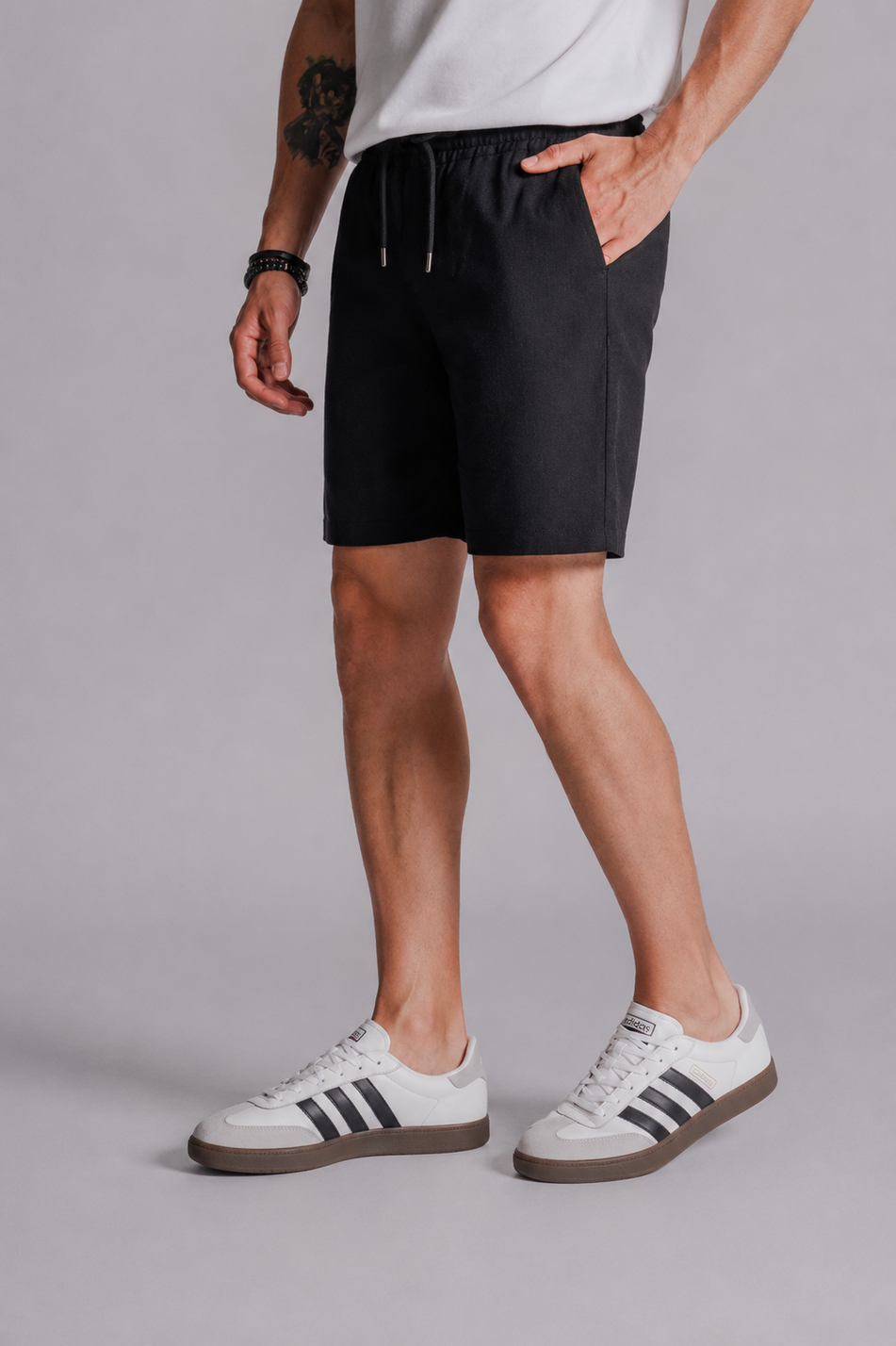 Erkek Yandan Cepli Beli Lastikli Keten Dokulu Relaxed Fit Jogger Şort Siyah