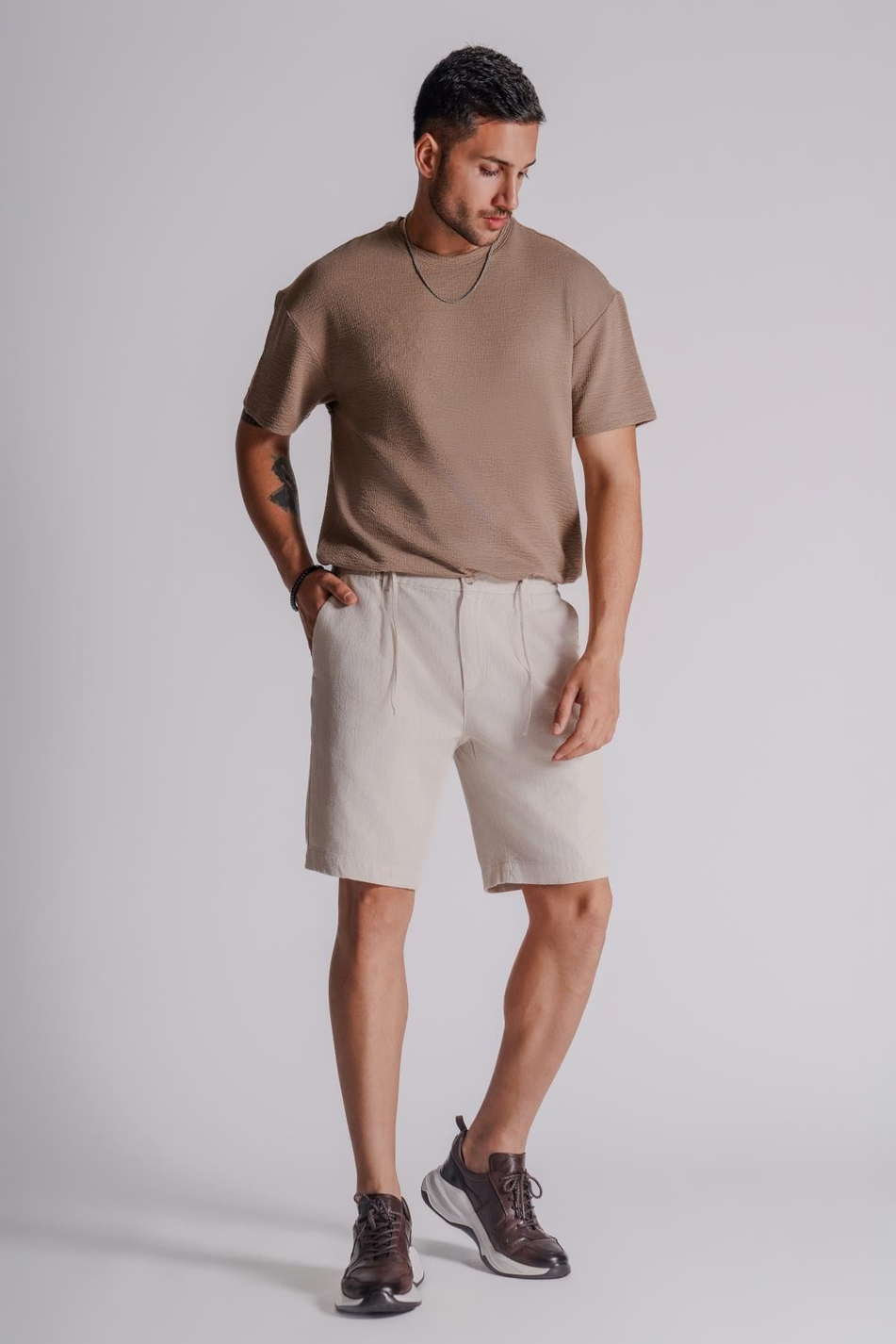 Erkek Yandan Cepli Beli Lastikli Keten Karışımlı Relaxed Fit Chino Şort Bej