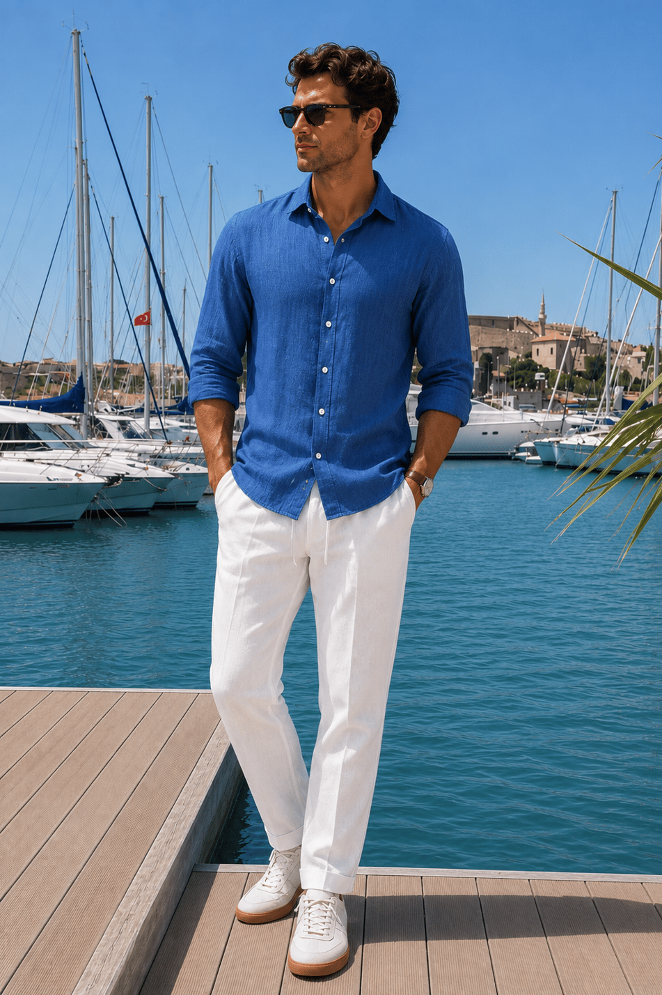 Erkek Yandan Cepli Beli Lastikli Keten Karışımlı Relaxed Fit Beyaz