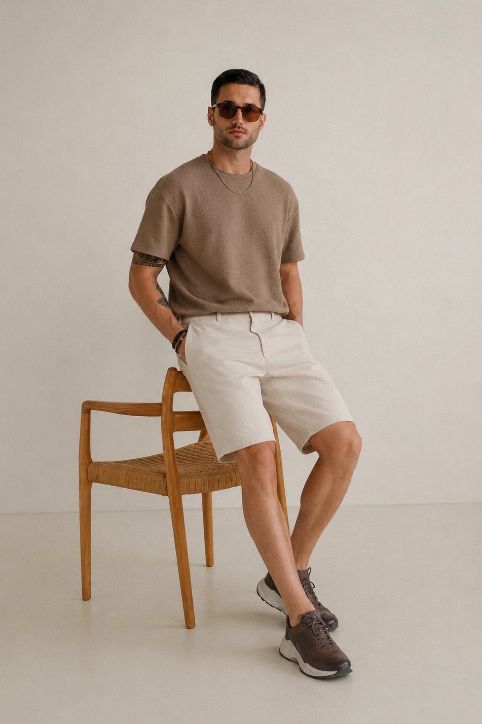 Erkek Yandan Cepli Klasik Bel Slim Fit Chino Şort Bej