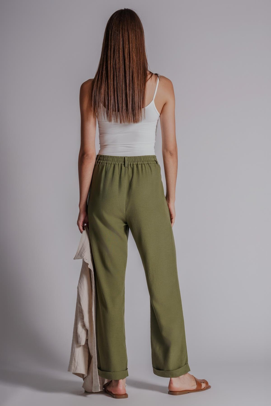 Kadın Beli Yarım Lastikli Çift Pilili Duble Paça Pantolon Taş