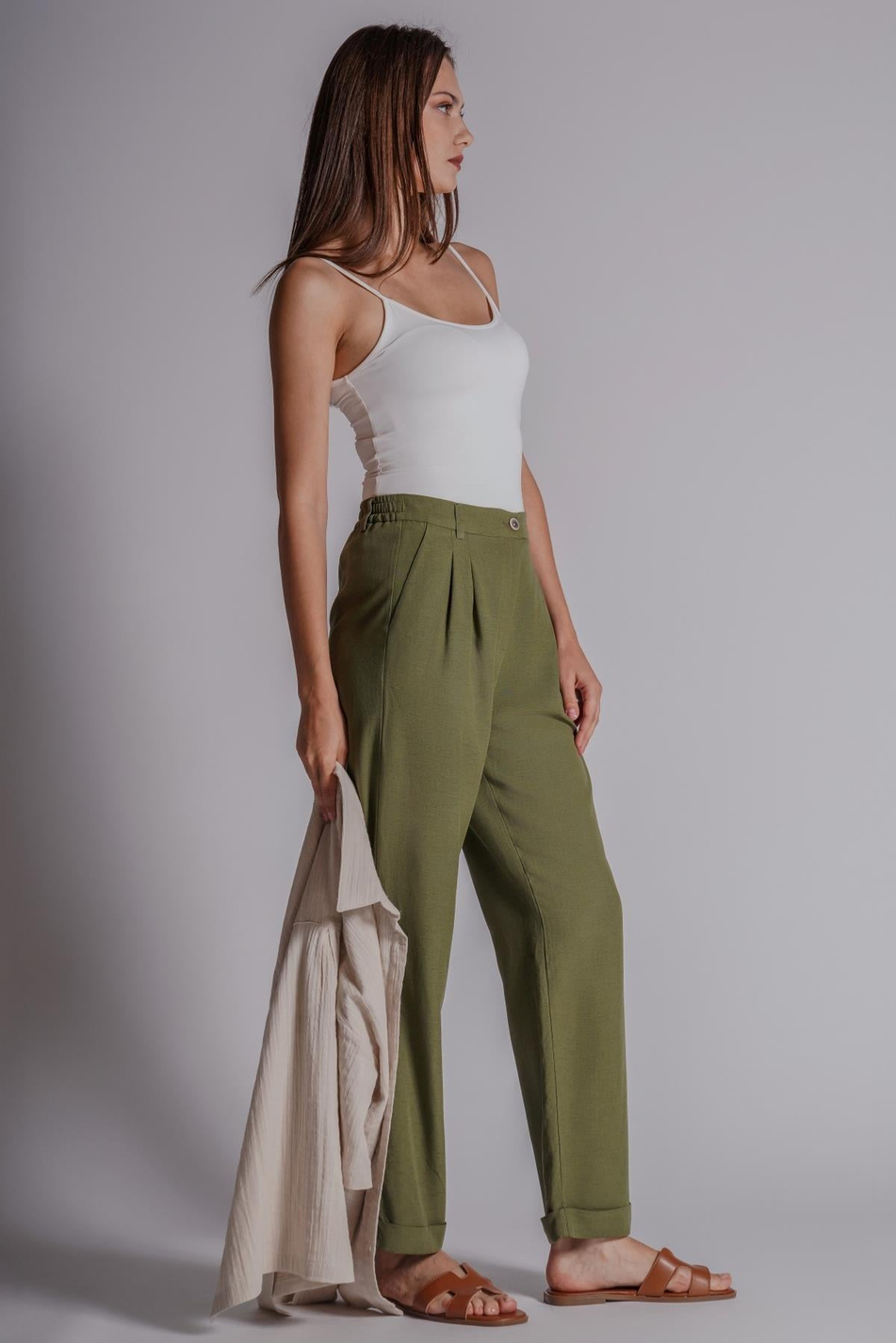 Kadın Beli Yarım Lastikli Çift Pilili Duble Paça Pantolon Taş