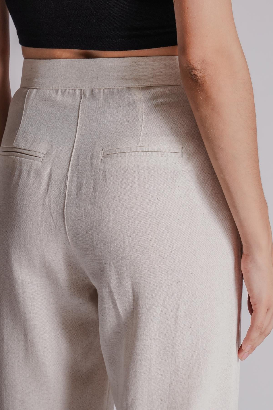 Kadın Çift Pilili Arka Cep Fleto Keten Karışımlı Chino Pantolon Naturel