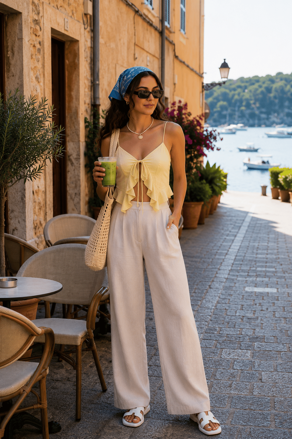 Kadın Çift Pilili Arka Cep Fleto Keten Karışımlı Chino Pantolon Naturel