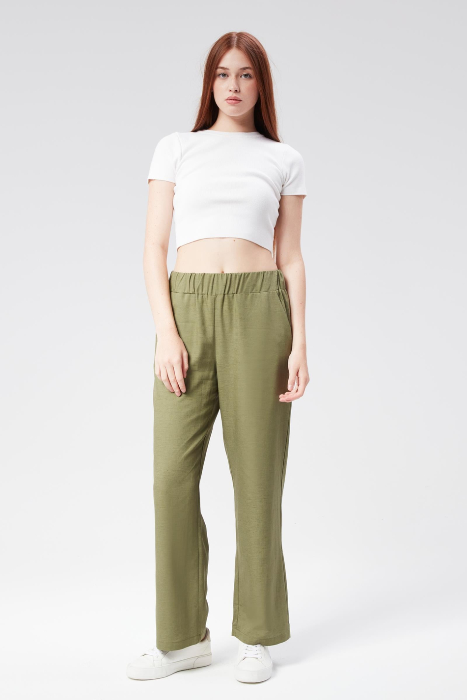 Kadın Keten Görünümlü Yandan Cepli Beli Lastikli Relaxed Fit Pantolon Haki