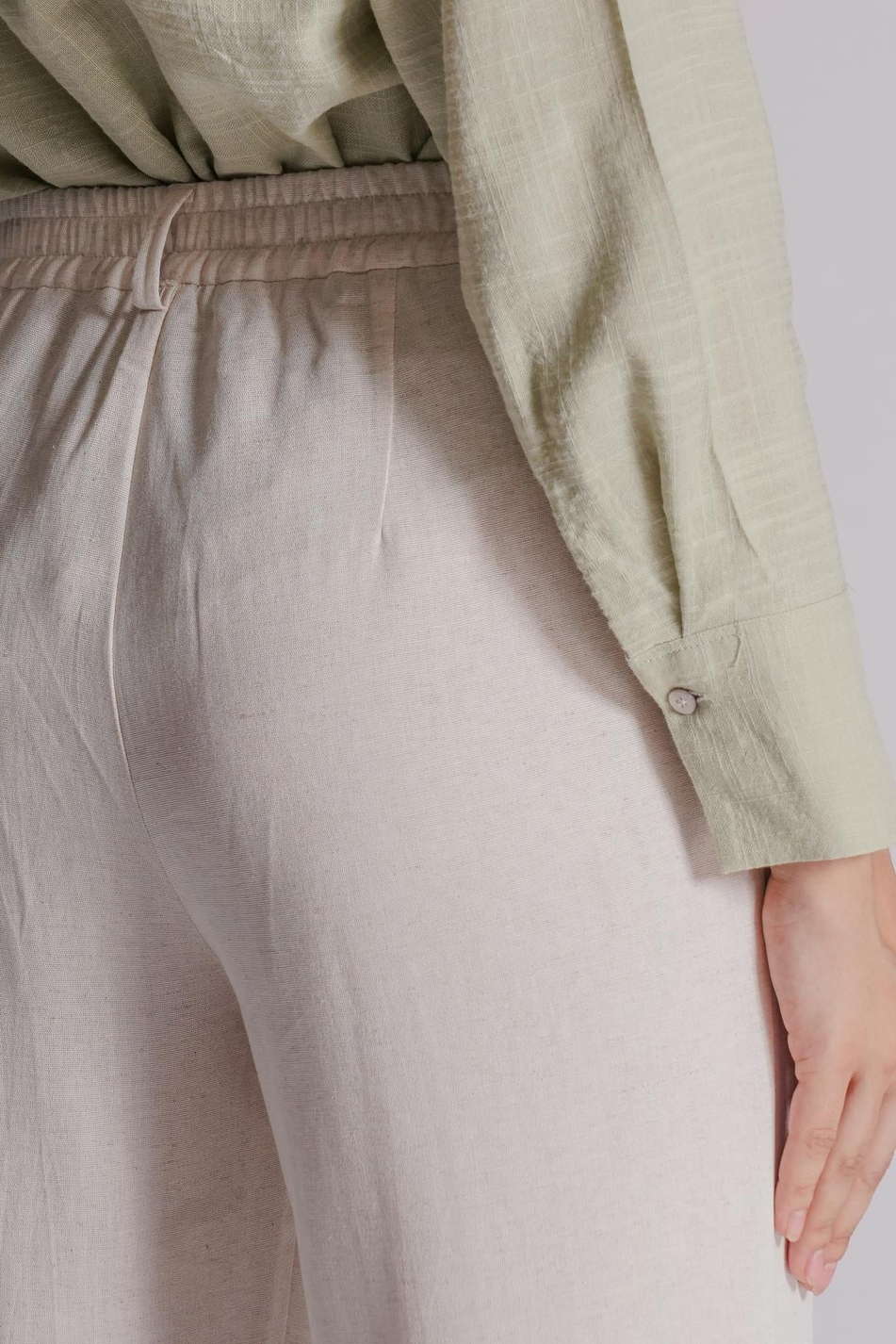 Kadın Keten Karışımlı Beli Yarım Lastikli Çift Pilili Duble Paça Pantolon Naturel